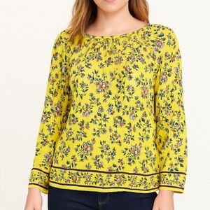 MAX STUDIO top blouse accordion yellow floral print trumpet sleeve SZ SM